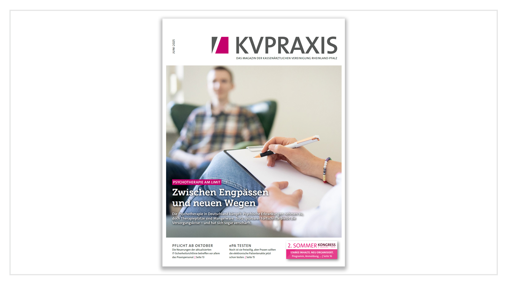 Titelblatt mit großem Foto. Zu sehen ist Psychotherapiesitzung.