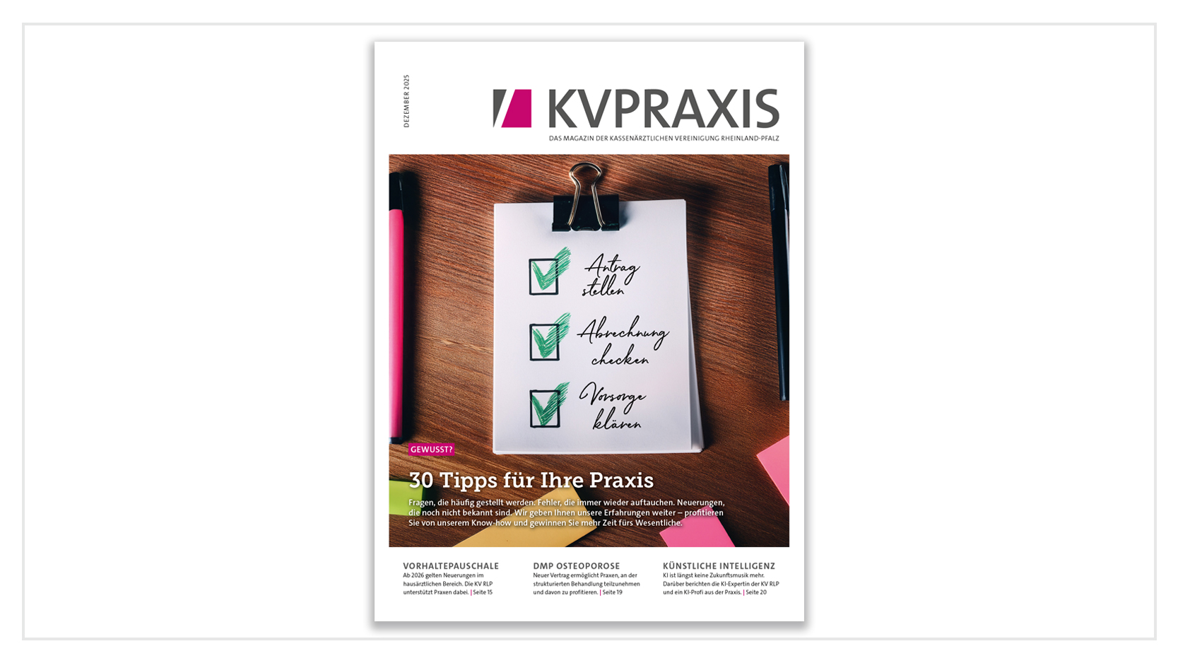 Titelblatt mit großem Foto. Zu sehen ist eine Check-Liste auf einem Klemmbrett.