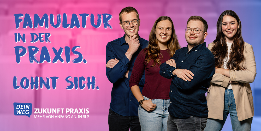 Famulatur in der Praxis. Lohnt sich. 2 junge Frauen, 2 junge Männer, stehend, legere Kleidung, Text Famulatur in der Praxis. Lohnt sich.