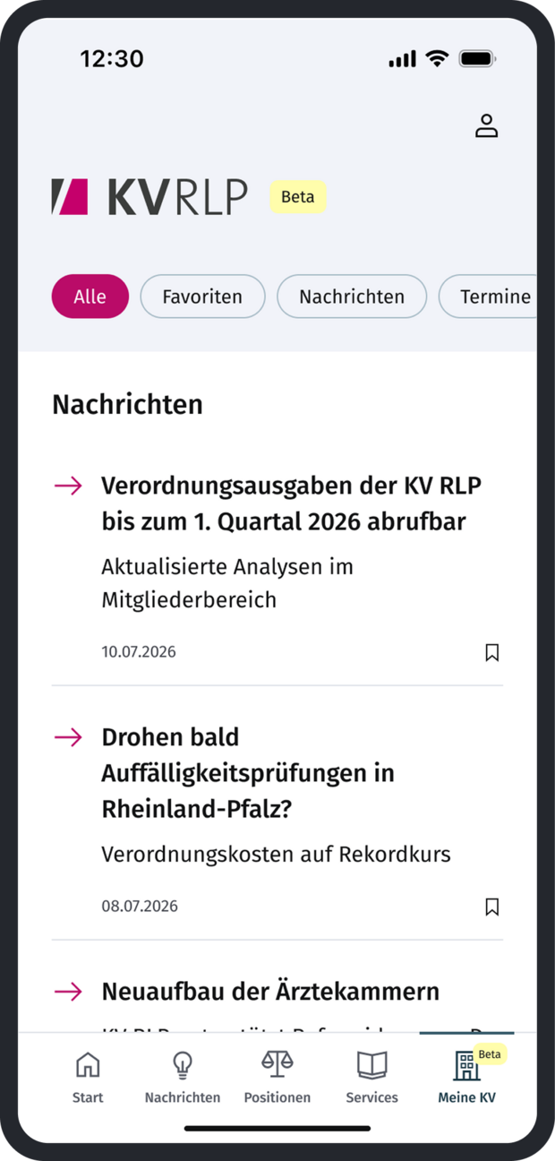 Nachrichten der KV RLP in der KBV-App Screenshot einer Smartphone-App mit Nachrichtenliste