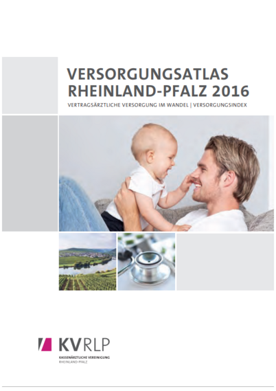 Titelseite einer Broschüre mit 3 Fotos: lächelnder junger Vater mit Baby, Weinberg und Stethoskop