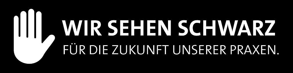 Logo mit erhobener Hand links & Schriftzug WIR SEHEN SCHWARZ – FÜR DIE ZUKUNFT UNSERER PRAXEN rechts